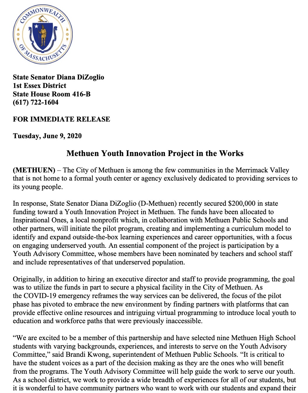 Methuen Youth Innovation Project Press Release